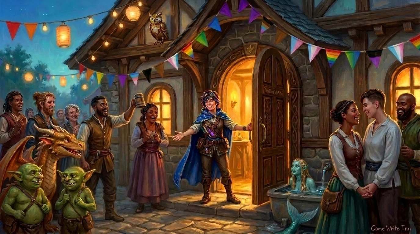 The Bartender throws the doors of the Come Write Inn open to a joyful, diverse crew of worldbuilders gathered under all-inclusive Pride bunting